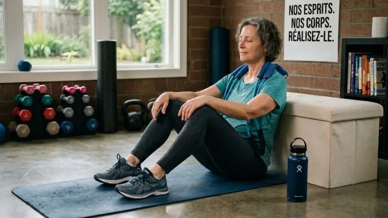 personne de plus de 50 ans en récupération après l'effort (assise, respiration calme, bouteille d'eau à côté, élastique posé).