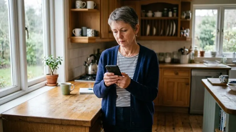 Femme de 55 ans debout dans une cuisine silencieuse, téléphone à la main, expression pensive, atmosphère de solitude et de réflexion.