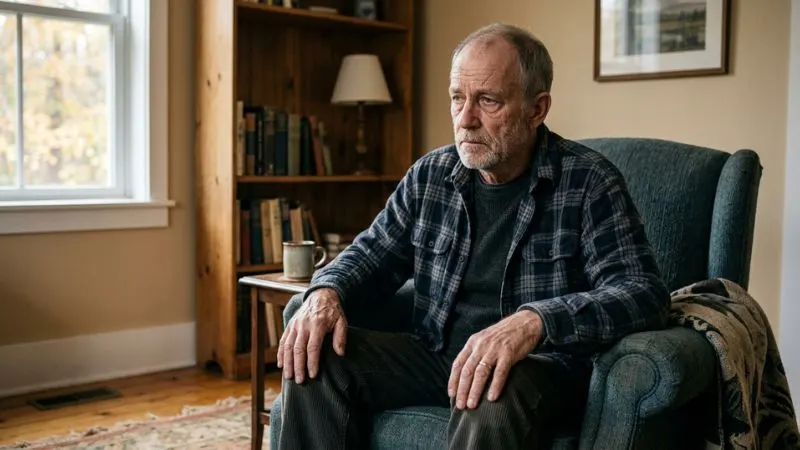 Homme de 60 ans assis dans un fauteuil, mains posées sur les genoux, regard absent, visage marqué par la
fatigue, intérieur simple et calme.