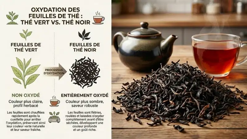 Gros plan sur des feuilles de thé noir séchées, à côté d’une théière et d’une tasse
de thé noir infusé. et une illustration montrant la différence entre feuilles de thé vert et thé noir