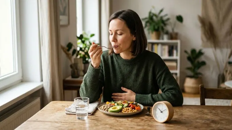 Une personne gérant lentement et consciemment, assise à table savourant son repas avec une assiette équilibrée, .