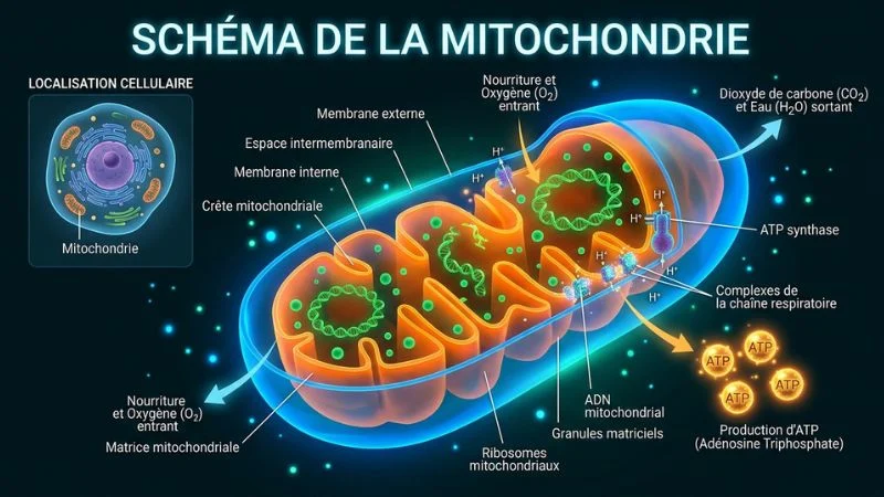 Illustration scientifique de mitochondries (structure cellulaire en forme de capsule avec membranes
internes plissées), en style microscopie