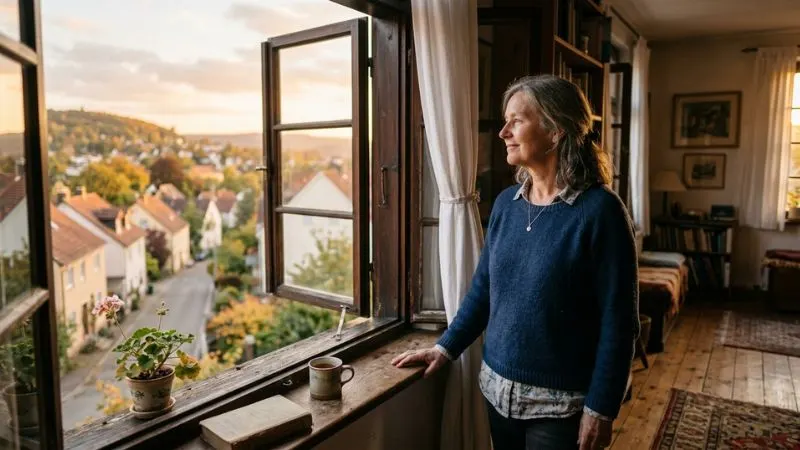 Femme de 60 ans debout près d’une fenêtre ouverte, regard tourné vers l’extérieur, expression apaisée,
lumière douce de fin de journée.