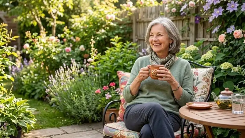 Personne de 60 ans, souriante, dans un cadre agréable jardin, lumineux, tenant une tasse de tisane. Expression de soulagement et de bien-être.