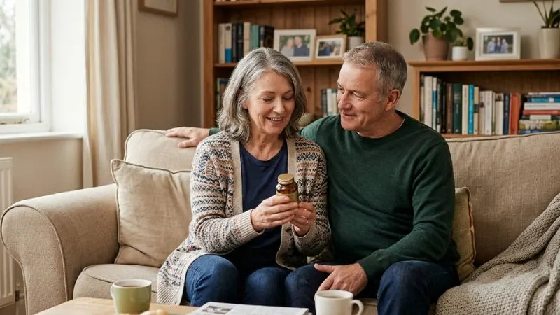 Couple de 55–60 ans assis côte à côte sur un canapé, femme tenant un flacon de compléments, homme
regardant avec attention, ambiance chaleureuse et complice.