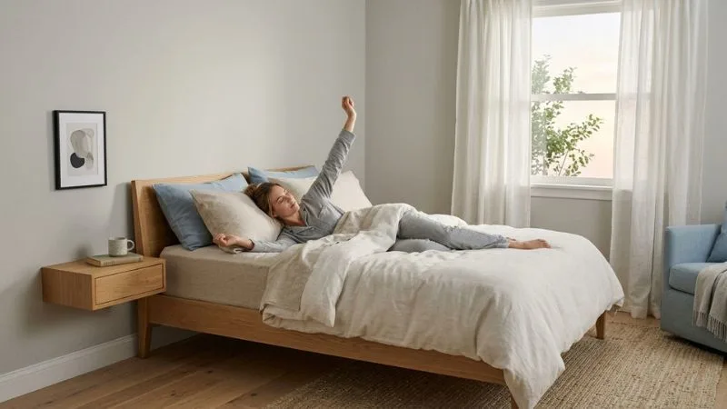 une personne juste réveillée, étirement doux au réveil. Une chambre calme et épurée, lumière du matin naissant.