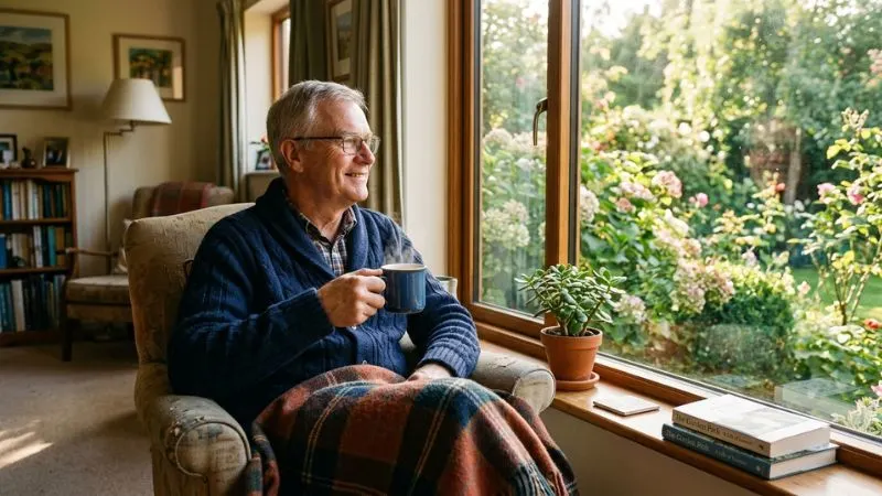 Homme de plus de 50 ans assis confortablement, tenant une tasse de thé noir, regardant par la fenêtre, avec un rayon de soleil, évoquant le plaisir et la vitalité douce.
