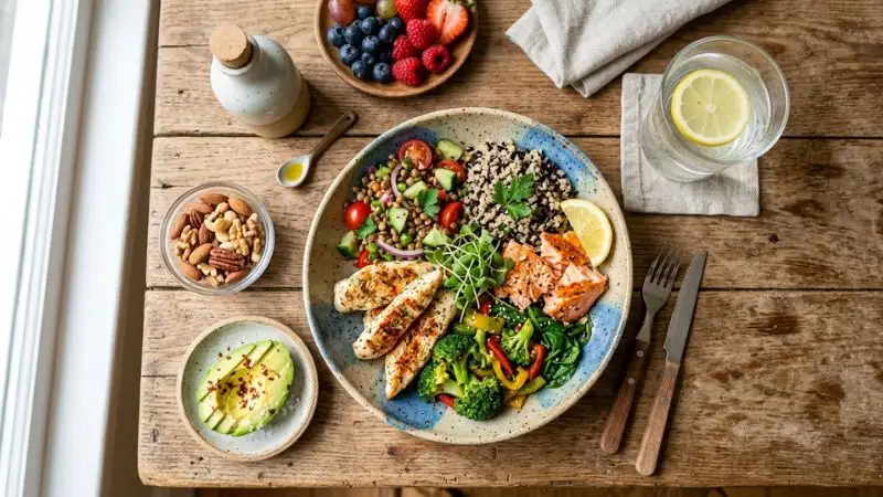 Une table en bois vue de dessus, avec une assiette colorée composée de légumes frais, de céréales complètes et d’une source de
protéines