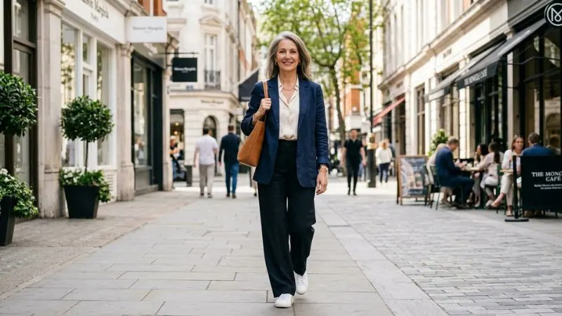 Une femme 55 ans, photographié dans une tenue contemporaine, élégante et naturelle.
