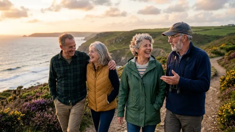 Un groupe d’amis autour de 50 à 65 ans partageant un moment simple en extérieur : promenade,
randonnée douce ou discussion face à un paysage.
