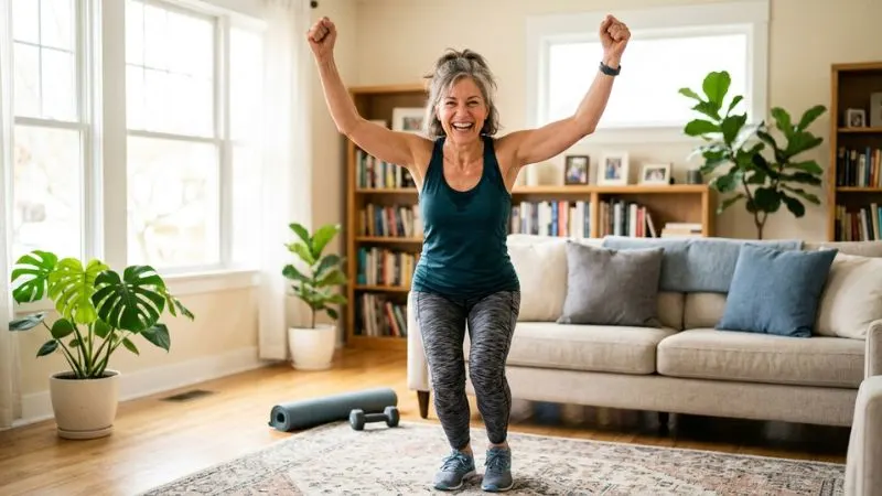 Femme de 60 ans souriante, bras levés en signe de victoire après une séance de sport, dans un salon
lumineux, expression joyeuse.