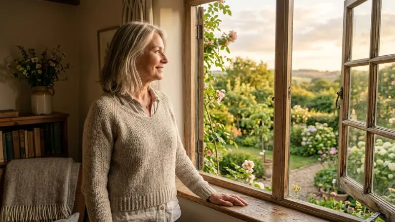 Femme de 60 ans debout près d’une fenêtre ouverte, regard tourné vers l’extérieur, expression apaisée
et lumineuse, atmosphère de calme et d’espoir.