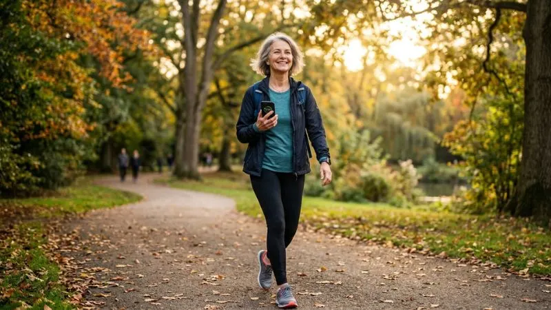 Une femme de 55 ans et plus, souriante, en train de marcher avec un téléphone à la main (pour suivre un programme), dans un environnement inspirant parc, chemin de campagne.