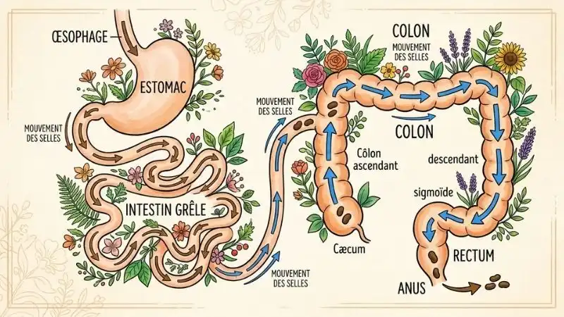 Schéma simplifié du tube digestif avec des flèches montrant le mouvement
des selles, et des icônes de plantes positionnées le long du trajet.