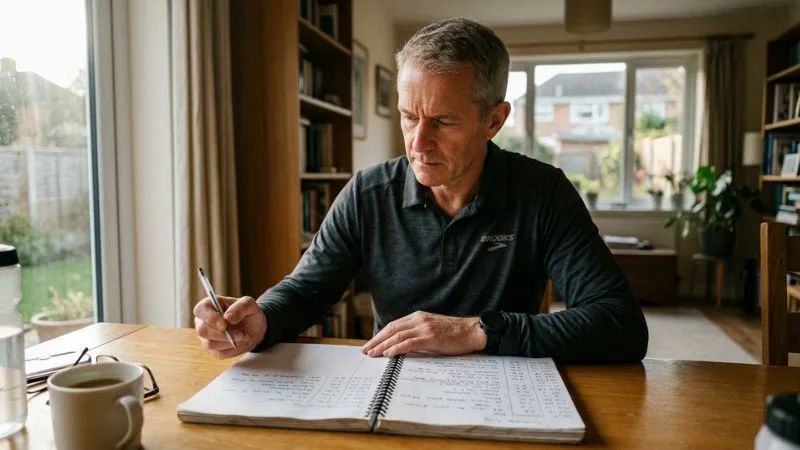 Homme de 55 ans consultant un calendrier ou un carnet d'entraînement posé sur une table, stylo à la main,
tenue de sport.