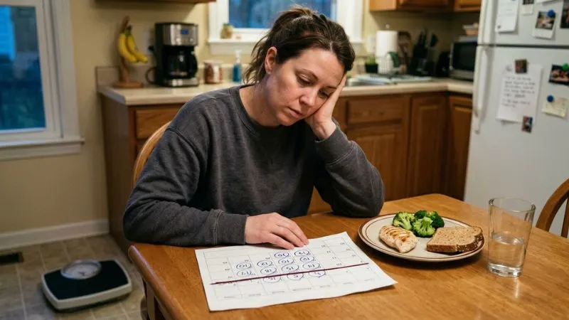 une assiette très pauvre en contenu, ou une personne fatiguée regardant
un tableau de suivi de poids avec une expression de découragement