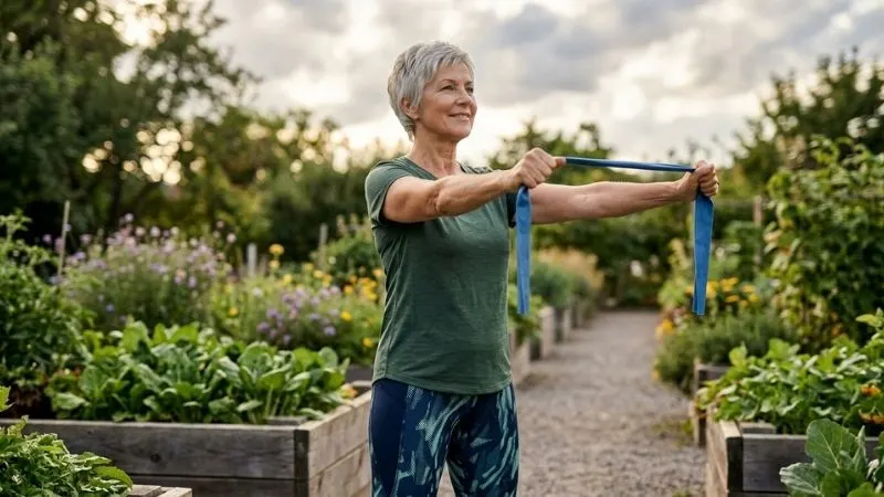 Personne de 60 ans, souriante et confiante, réalisant un exercice visuel simple avec élastique dans un parc. Posture stable, mouvement fluide, maîtrise du corps.