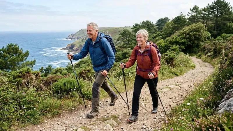 Un couple de 55 ans pratiquant la marche nordique sur un chemin légèrement vallonné, montant
une petite côte.