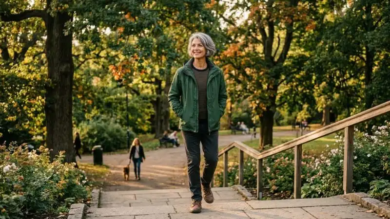 Une femme de 55 ans marchant d’un pas assuré dans un parc, un escalier , avec un léger sourire. Ambiance positive et encourageante