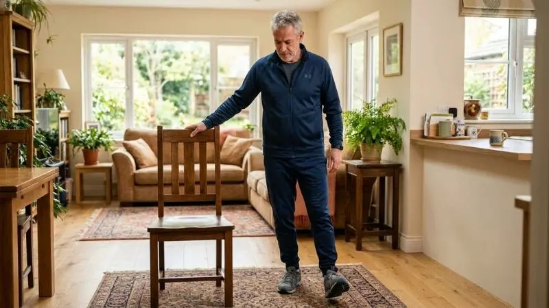 Un homme de 55 ans en train de s’échauffer doucement marche sur place, cercles de chevilles près d’un
appui stable dossier de chaise