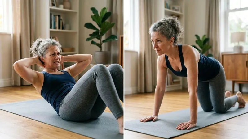 Deux scènes : à gauche, une personne de 55 ans esquissant un crunch ; à droite, la même personne en gainage doux.