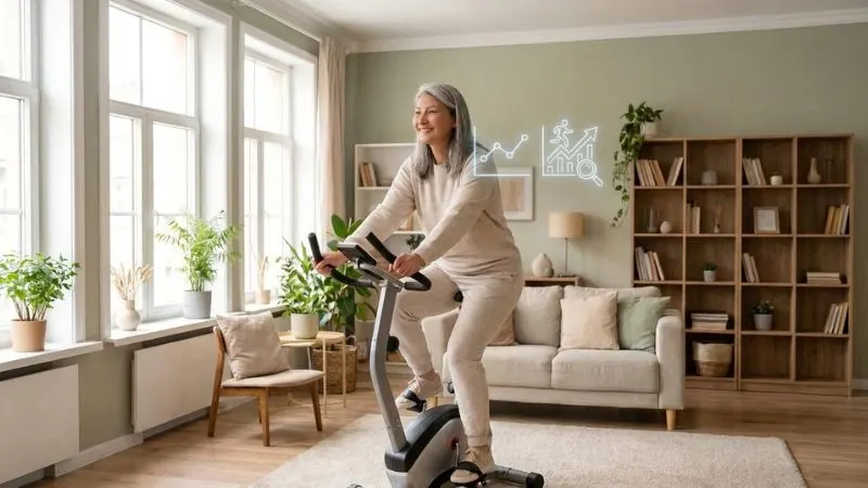 Une personne de 65 ans sur un vélo d’appartement, avec en surimpression discrète une icône
de graphique.
