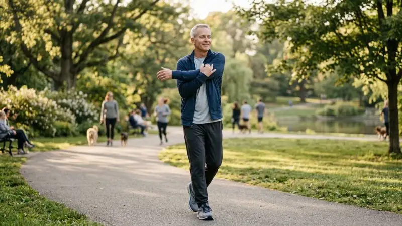 Une personne de 55 ans marchant d'un pas assuré dans un parc et s'étirant
doucement avec un léger sourire.