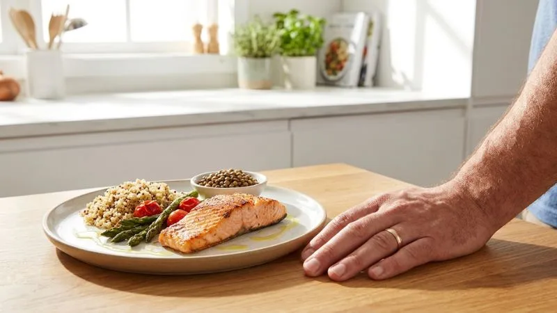 Gros plan sur une main d’adulte posée près d’une assiette équilibrée, avec une portion de poisson, des légumes, des féculents complets et un filet d’huile.