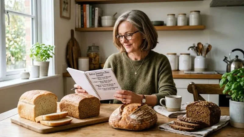Une femme de 55 ans tenant un carnet avec un plan de transition (semaines cochées),
assise à une table avec différents types de pains devant elle (blanc, complet, levain, seigle).
