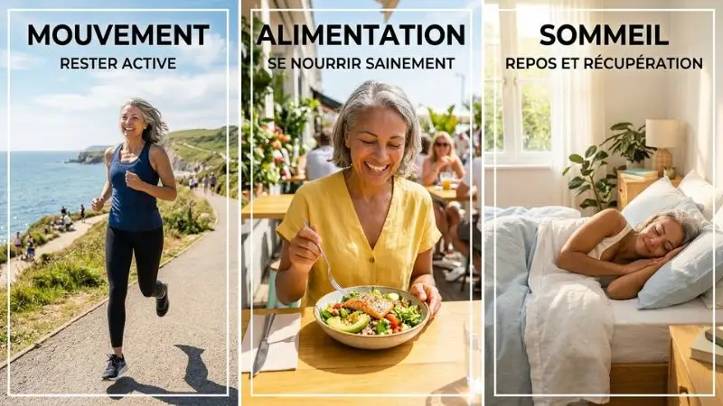 Collage de 3 mini-scènes illustrant le mouvement, l'alimentation et le sommeil.