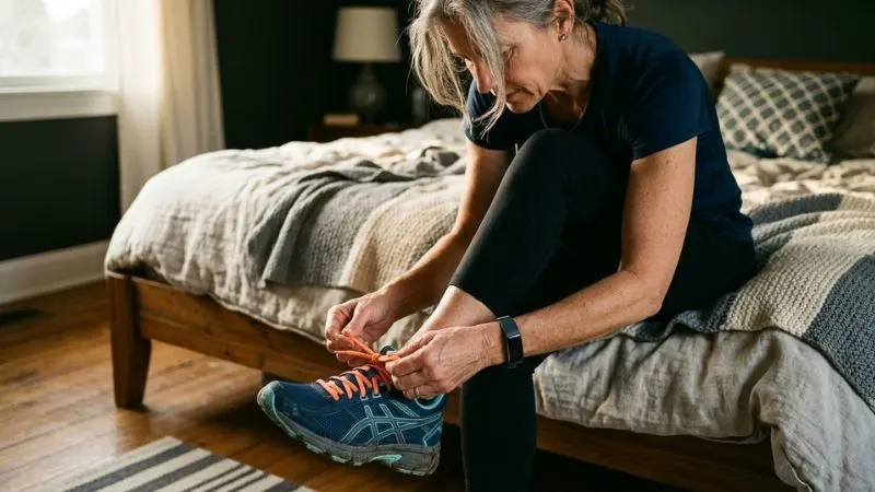 Femme de 55 ans en train de lacer ses chaussures de sport, assise sur le bord d'un lit.
