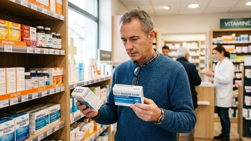 Un homme de 55 ans en train de comparer deux boîtes de compléments de magnésium dans une
pharmacie, avec une étiquette bien visible
