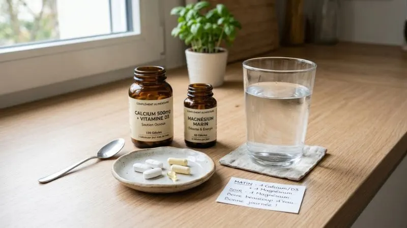 Photo de gélules et compléments alimentaires (calcium, vitamine D, magnésium) posés près d'un verre d'eau, sur une table fond neutre et propre.