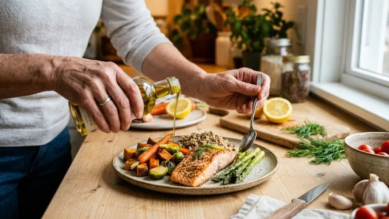Mains d’un homme de 55 ans en train de composer une assiette de dîner avec des légumes, une source de protéines et un filet d’huile, avec quelques ingrédients bruts autour.