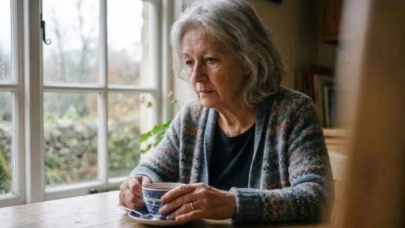 Femme de soixante-dix ans assise seule à une table de cuisine, tasse de thé intacte devant elle, regard baissé, expression pensive.