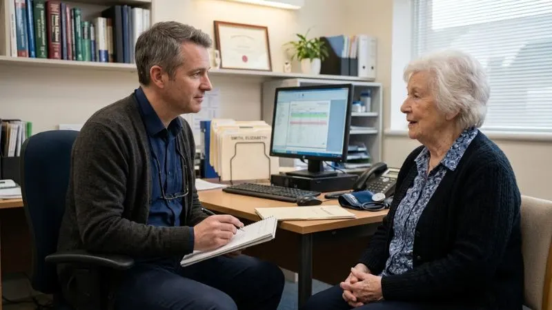 Médecin généraliste assis face à une patiente âgée dans un cabinet médical, tenant une feuille de notes, expression d'écoute attentive.
