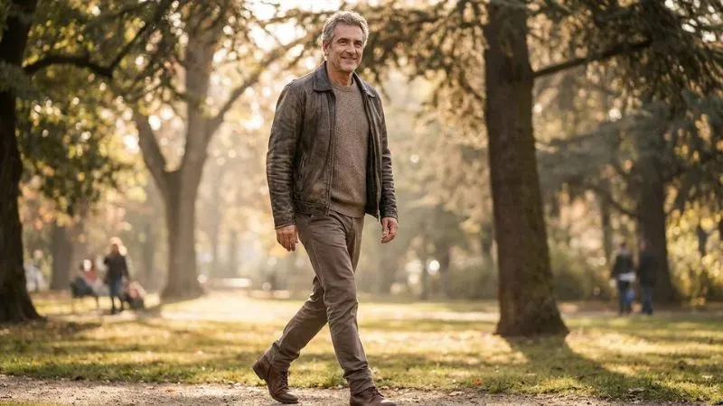 Un homme de 55 ans marche d’un pas assuré dans un parc, avec un léger sourire. expression sereine et confiante.