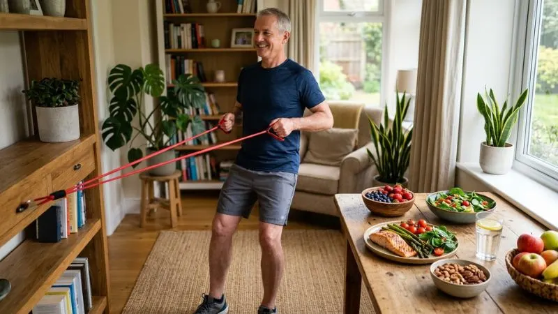 Un homme de 55 ans en train de faire un exercice léger
avec un élastique à la maison. À côté, sur une table, quelques aliments colorés.