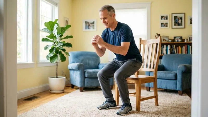 Un homme de 55 ans réalisant un exercice simple, lever-asseoir sur chaise dans un salon lumineux.