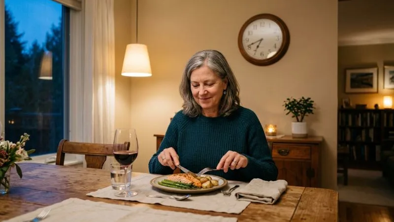 Une personne de 55 ans en train de dîner à table en début de soirée, avec une horloge murale affichant une heure
entre 18h40.