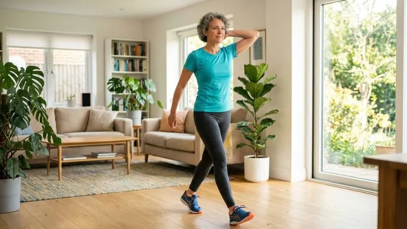 Une femme de 55 ans en train de faire un exercice doux (étirement, gainage léger) dans un salon lumineux.
