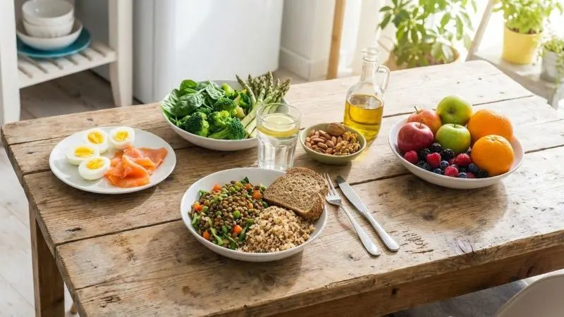 Vue de dessus d’une table avec cinq groupes d’aliments : œufs et poisson, légumes verts,
légumineuses et céréales complètes, noix et huile d’olive, verre d’eau et fruits frais.