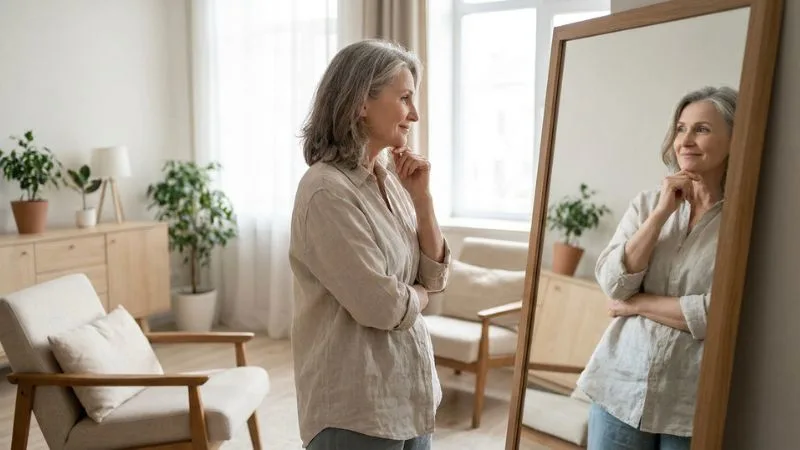 Une femme de 55 ans devant un miroir, observant sa silhouette avec un air réfléchi mais serein.