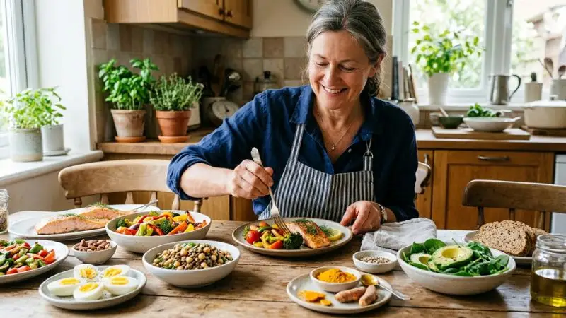 Une table avec des aliments riches en protéines et anti-inflammatoires et une personne de 55 ans en train de composer son assiette.