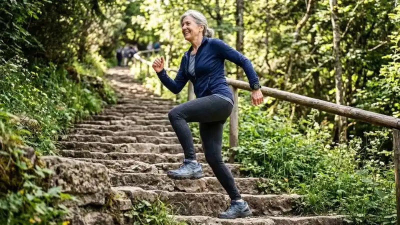 Femme d'une soixantaine d'années en tenue de sport montant rapidement un escalier extérieur en pierre, un pied levé sur la marche suivante, bras
légèrement fléchis dans le mouvement.