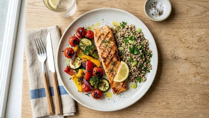 Assiette vue de dessus contenant un filet de saumon grillé, une portion de quinoa et des légumes rôtis colorés, posée sur une table
en bois clair.