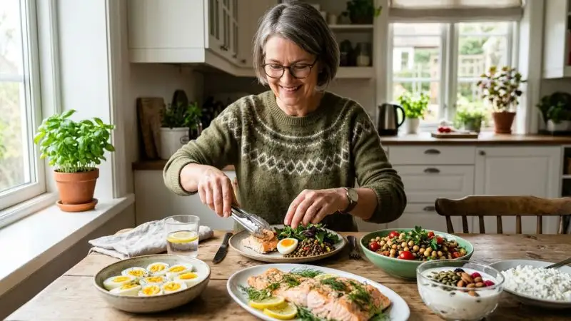 Une table avec des aliments riches en protéines (œufs, poisson, légumineuses, produits laitiers) et une personne
de 55 ans en train de composer son assiette.
