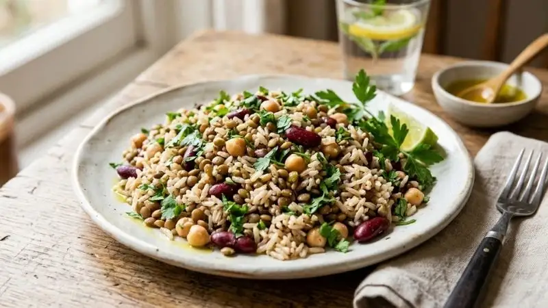 Assiette de riz basmati complet associé à des légumineuses , avec des herbes fraîches et un filet d'huile d'olive.