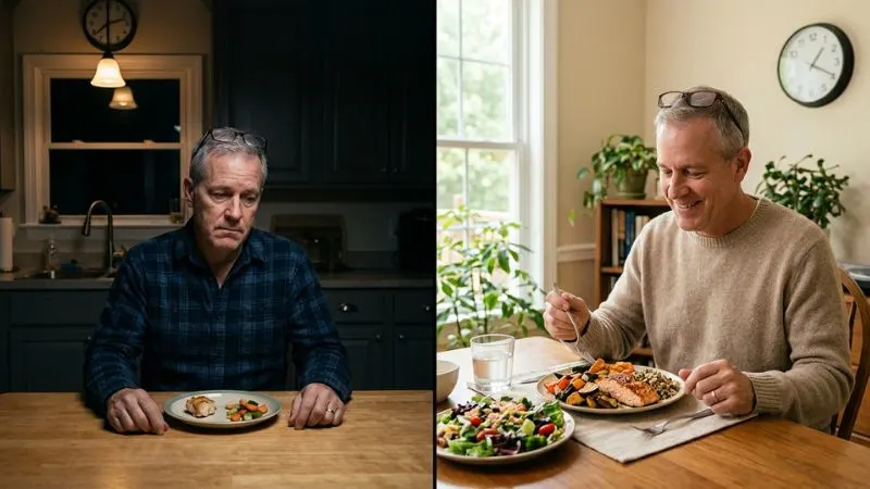 Deux scènes côte à côte. une personne de 55 ans regarde son assiette avec une petite portion, l’air hésitant. La même personne prend un repas complet et coloré en milieu de journée