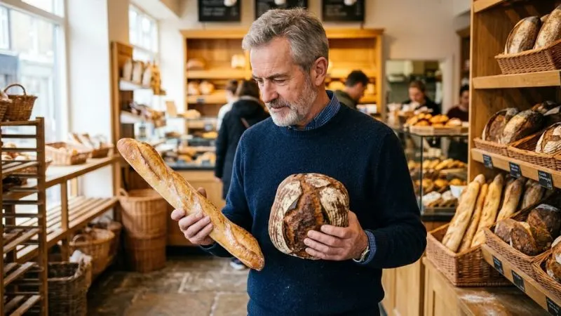Un homme de 55 ans tenant une baguette de pain blanc dans une main et un pain au levain l'autre, l'air de comparer les deux, dans une boulangerie.